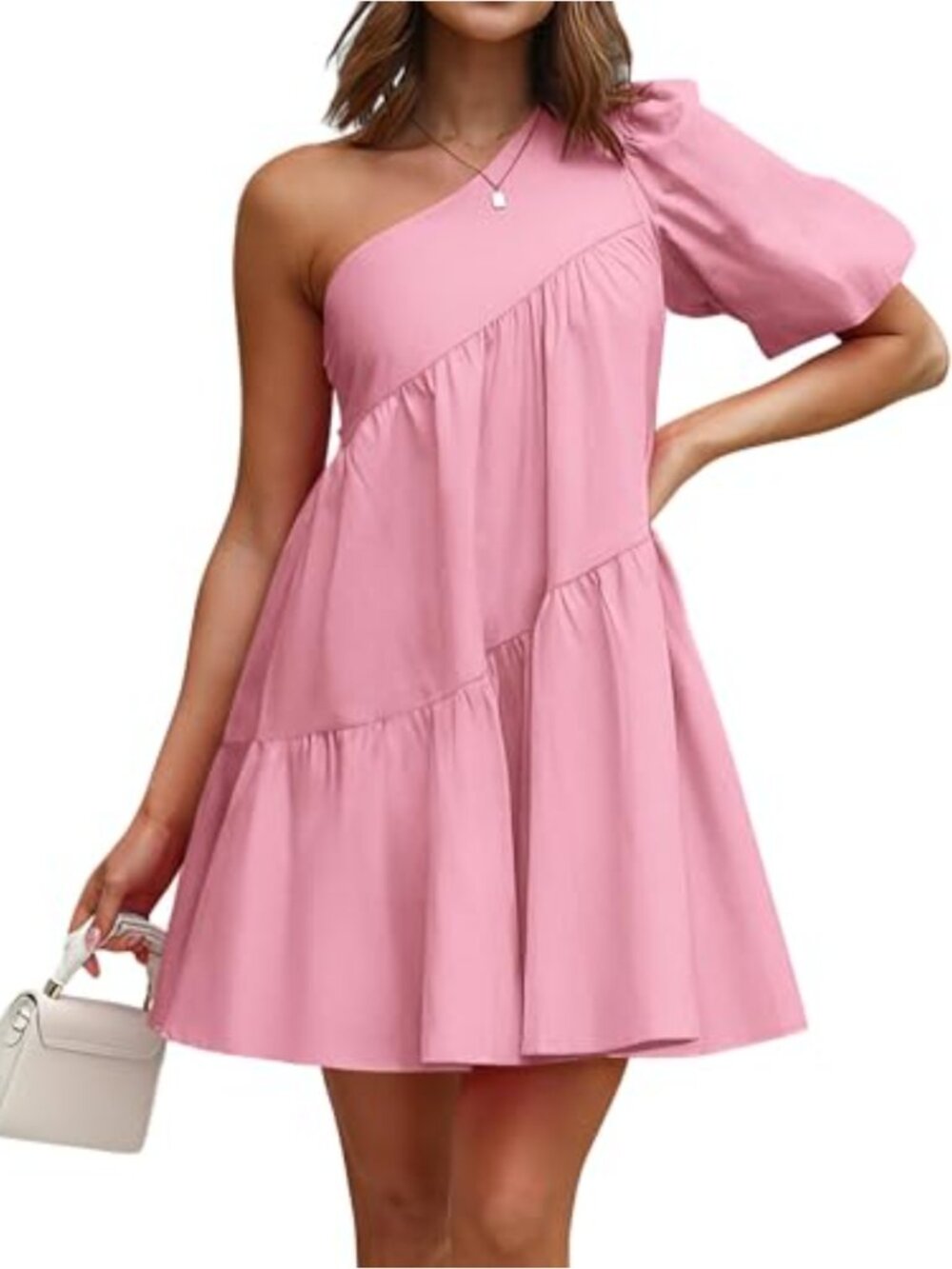 One Shoulder Babydoll Mini Dress Puff Sleeve Loose Tiered A-Line Flowy Summer